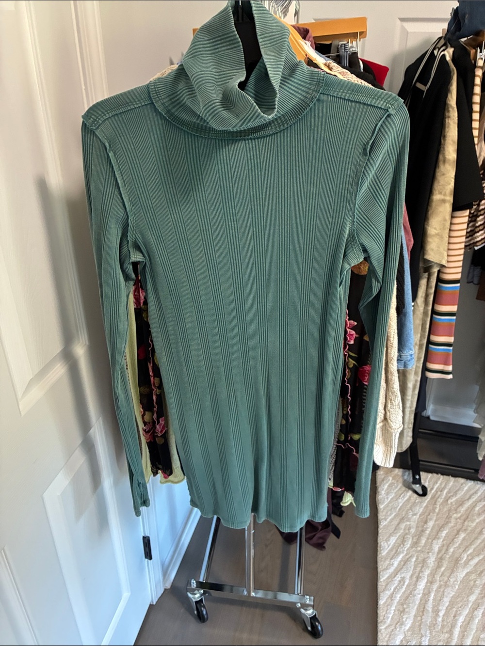 We The Free Ribbed Cowl Neck Sweater in Sage Green